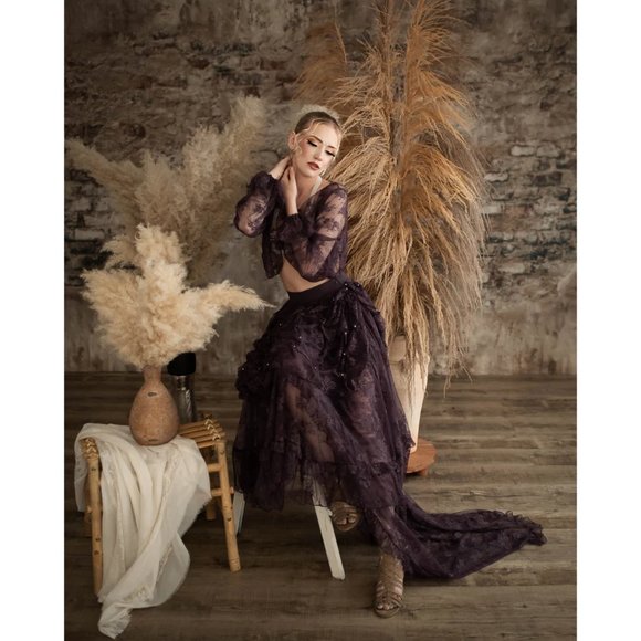 Women's Purple Handmade Flowy Layered Long skirt with train New - Picture 2 of 6